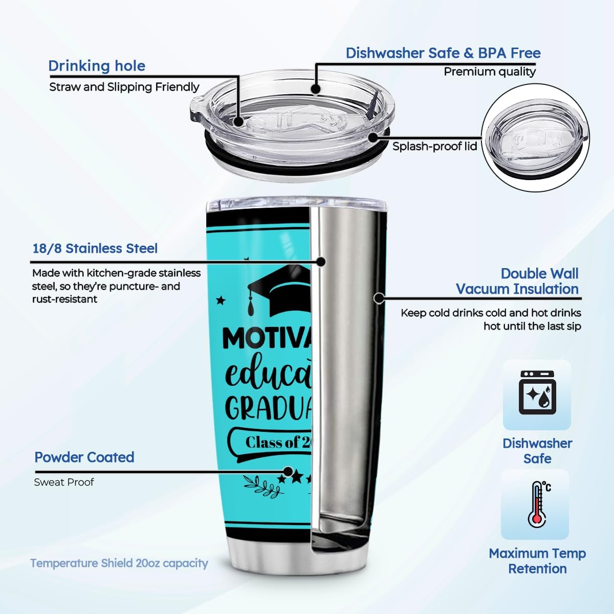 wowcugi Vaso de graduación personalizado motivado educado graduado clase de 2023 con tapa, 20 onzas, 30 onzas, regalos de graduación, maestros,