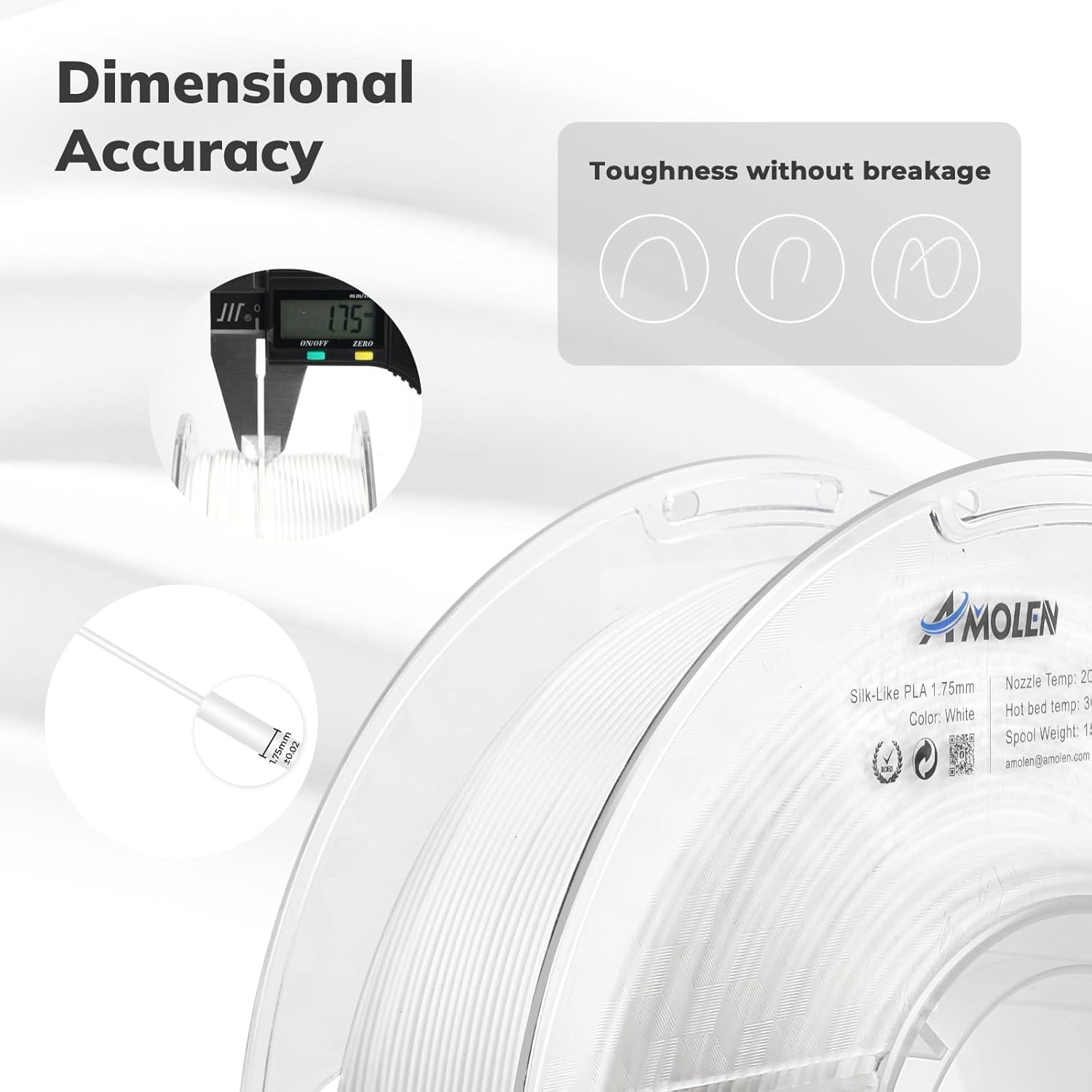 AMOLEN Filamento PLA de seda para impresora 3D de 0.069 pulgadas, filamento blanco brillante para impresión 3D, carrete de 2.2 libras, compatible