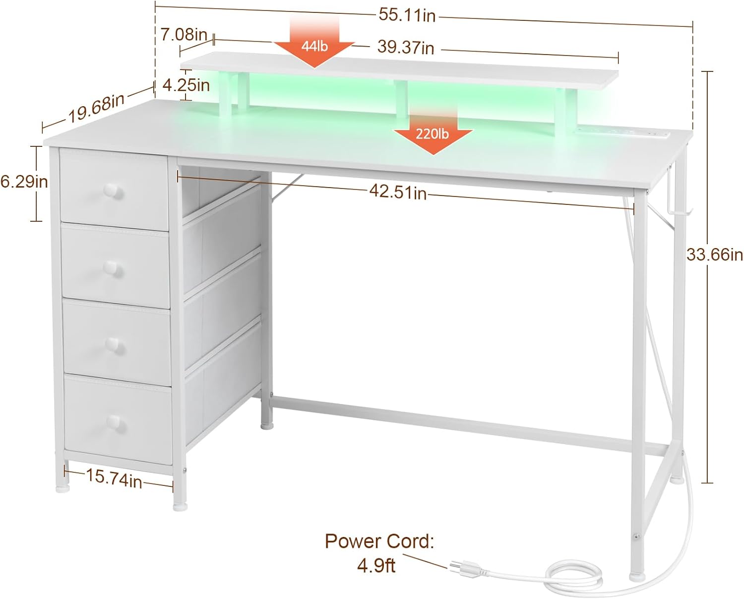 HGD14WT – Escritorio blanco para computadora con luz LED y tomas de corriente, escritorio de juegos de 55 pulgadas con 4 cajones de tela, escritorio