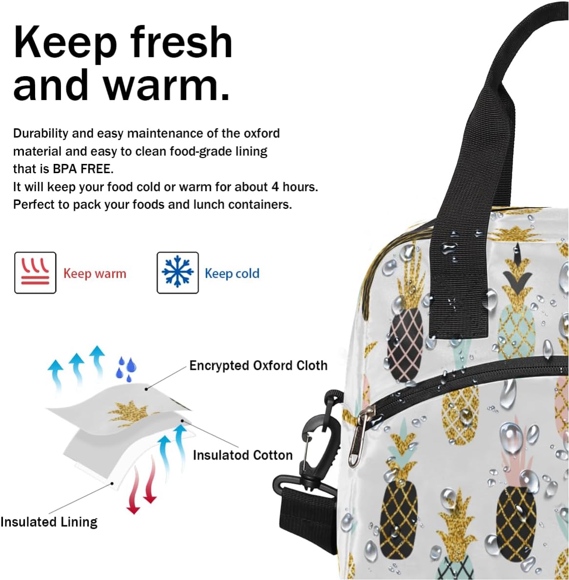 Bolsa de almuerzo aislada para mujeres y hombres, colorido patrón de piña a prueba de fugas, bolsa de almuerzo grande reutilizable para adultos con
