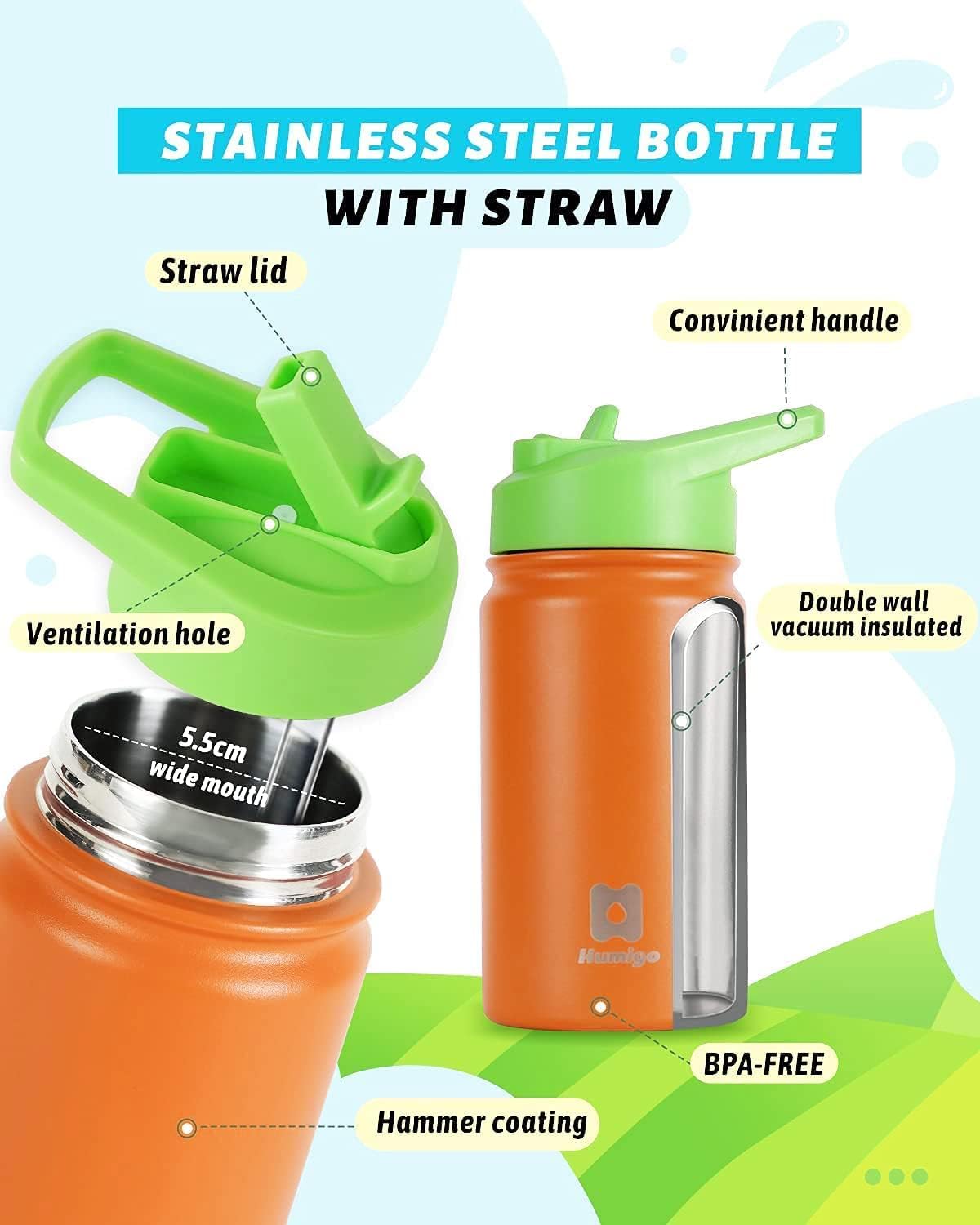Botella de agua con pajilla, botella de agua aislada de 12 onzas, botella de agua para niños con doble pared aislada al vacío, botellas de agua de