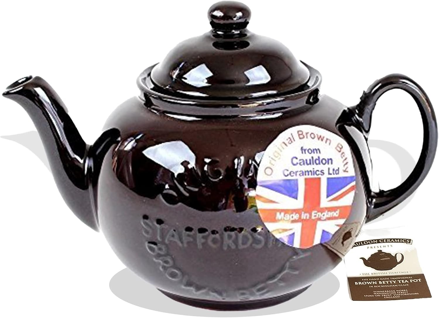 Cauldon Ceramics Classic Brown Betty Tea Pot  Tetera Betty marrón de 4 tazas hecha a mano con logotipo, fabricada con arcilla roja Staffordshire,