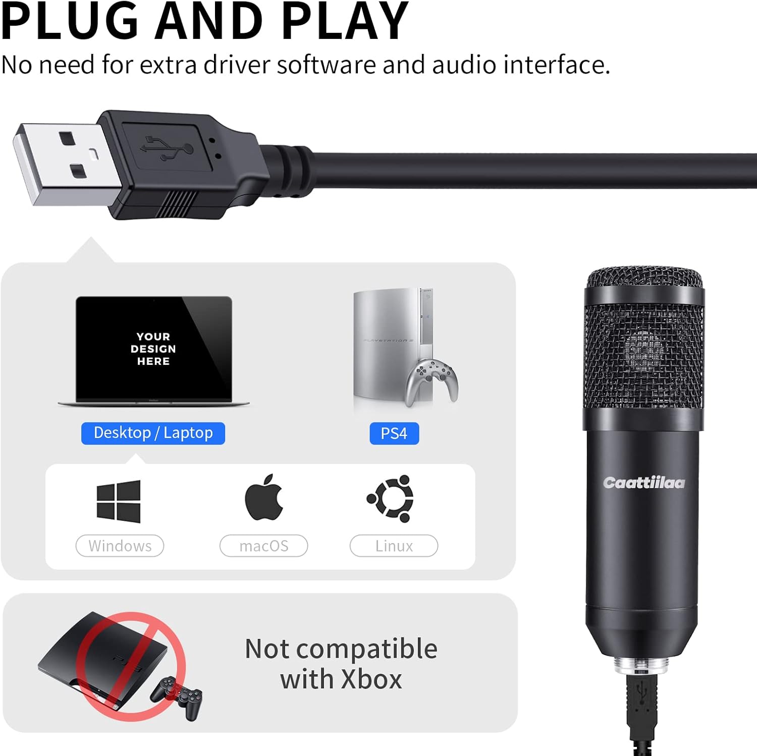 Caattiilaa Micrófono USB – Micrófono de grabación profesional, 192 KHZ24 bits, filtro pop, juego de brazo de brazo, fácil instalación, compatible