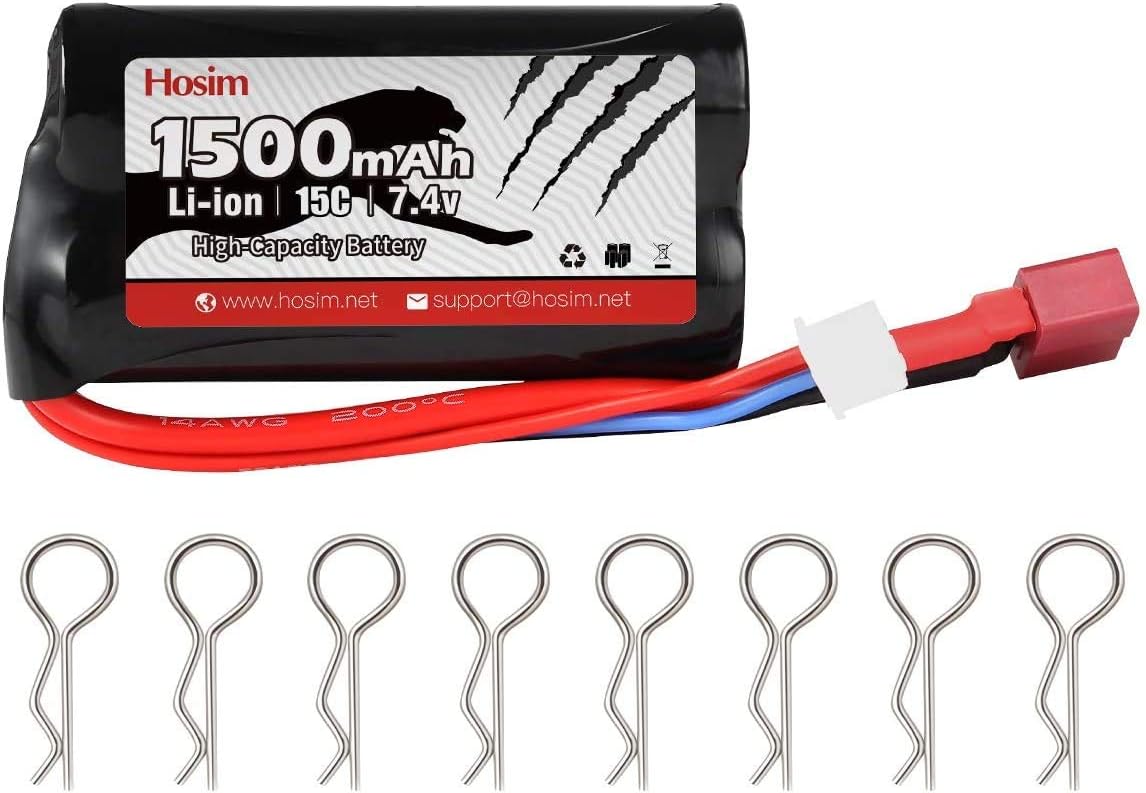 Hosim Paquete de batería recargable de iones de litio de 7.4V 1500mAh 15C con conector T para RC Evader BX Car 12401 12402 RC Truck 9155 RC Truggy
