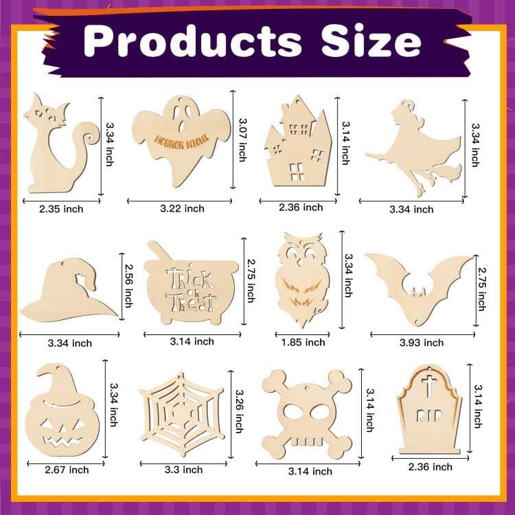 MGparty Manualidades de Halloween, 60 piezas de rebanadas de madera de Halloween, manualidades de madera natural sin terminar, adornos preperforados