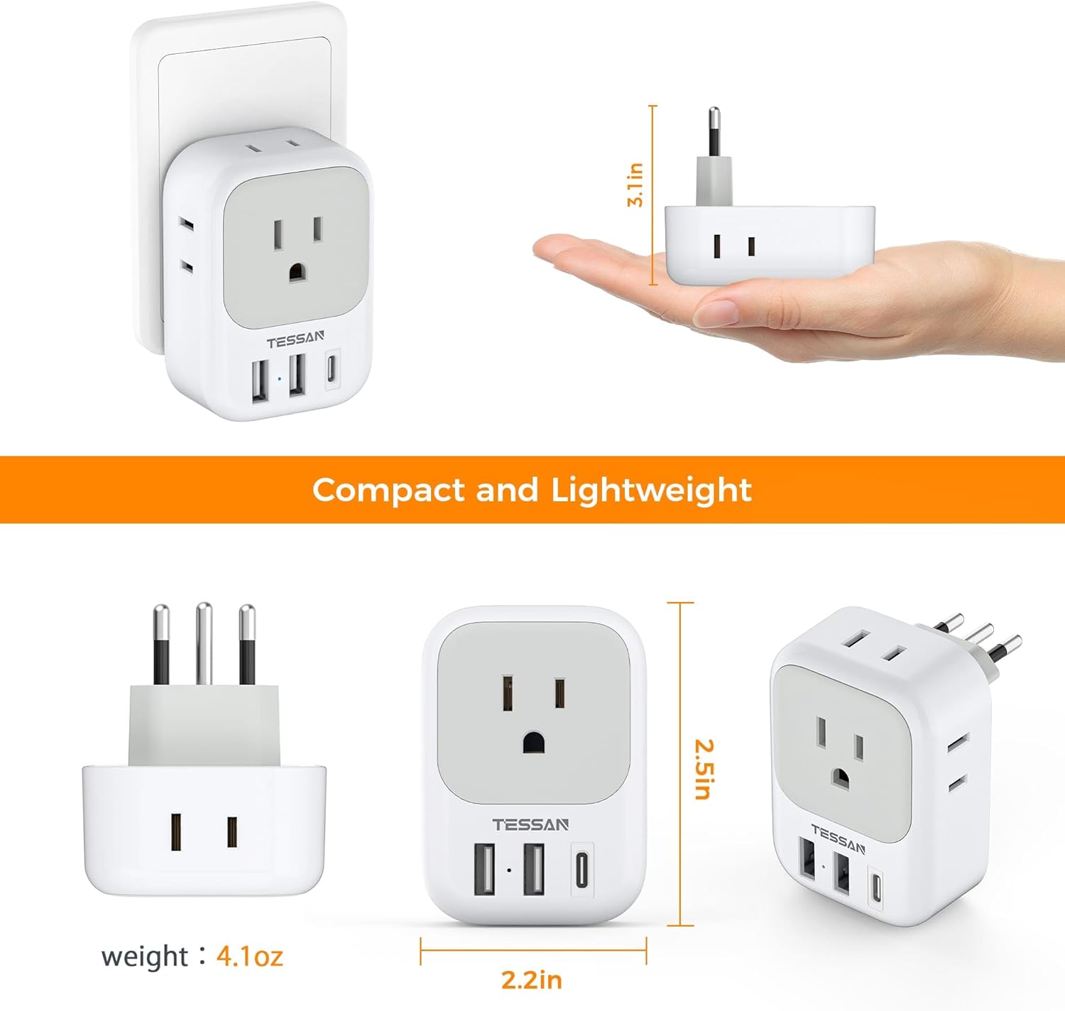 TESSAN – Adaptador de enchufe para Italia, paquete de 2 unidades, adaptador de corriente con 4 tomacorrientes, 3 cargadores USB (1 puerto USB C),
