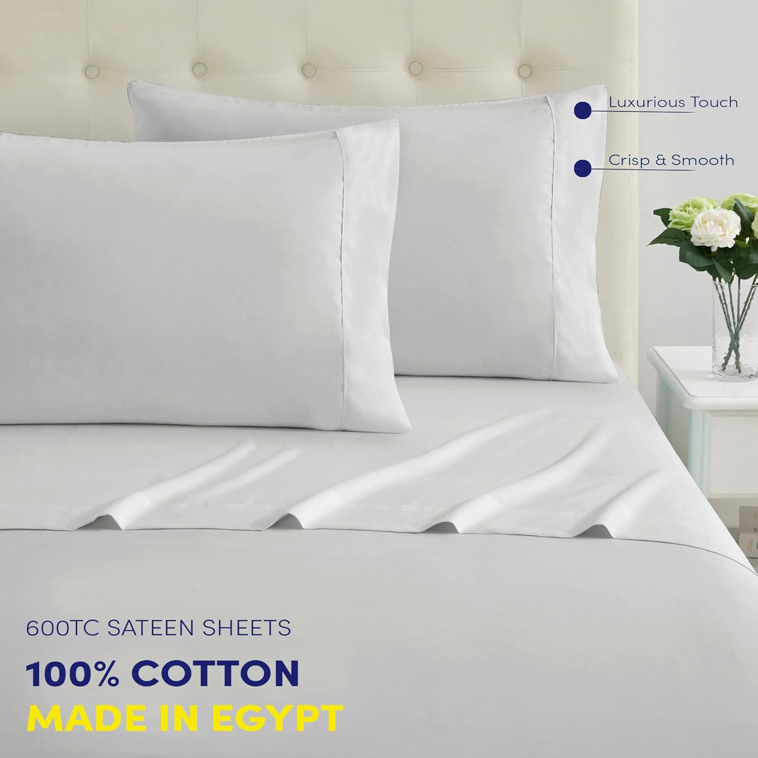 Sábanas de tamaño Queen 100% algodón, hechas en Egipto, suaves de 600 hilos para colchón de cama tamaño Queen, juego de sábanas y fundas de almohada