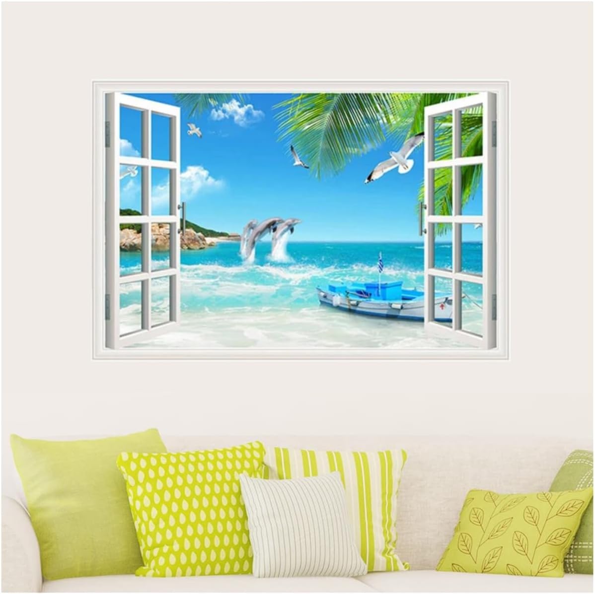 HOTIYOK Calcomanías de pared falsas de océano, diseño de delfines y animales marinos, hojas verdes, gaviotas, mural de pared para ventana, póster