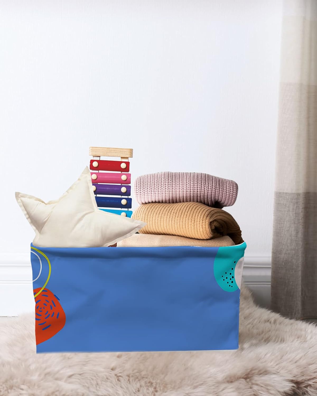 Middle Century Storage Basket for Organizing Shelves, Collapsible Storage Bins Boxes with Handle, Modern Colorful Boho Geometric Botanical Canvas