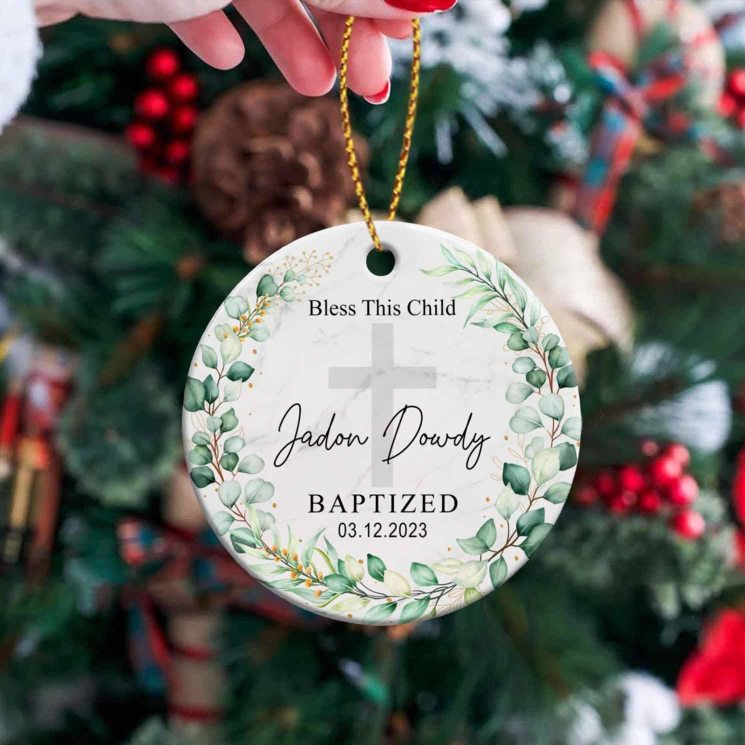 Bless This Child Baptized Christmas – Adorno de cerámica personalizado para el bautismo de Dios bendiga el bautismo, adorno floral personalizado,