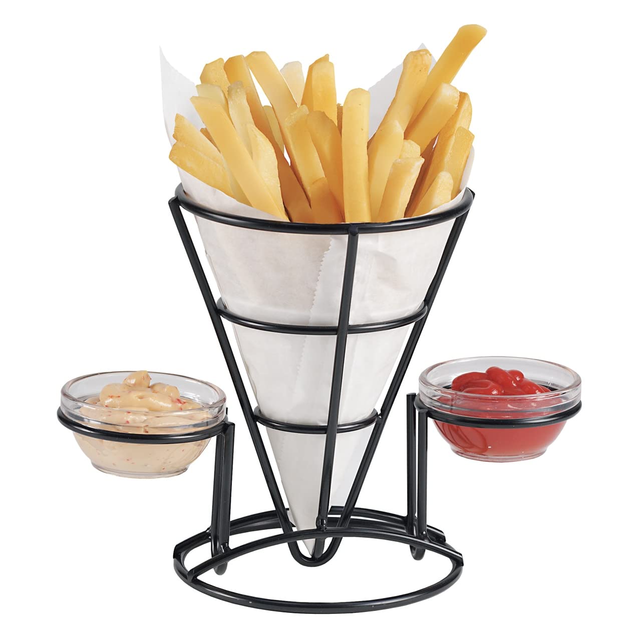 G.E.T. Enterprises – Soporte de metal negro para papas fritas con dos soportes para tazas de salsa, colección de utensilios especiales con