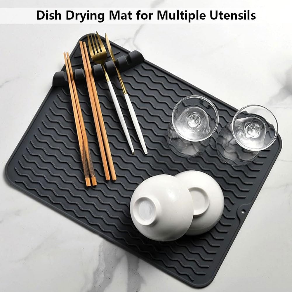 Alfombrillas de silicona para secar platos con soporte para utensilios, tapete de secado de platos resistente al calor para encimera de cocina,