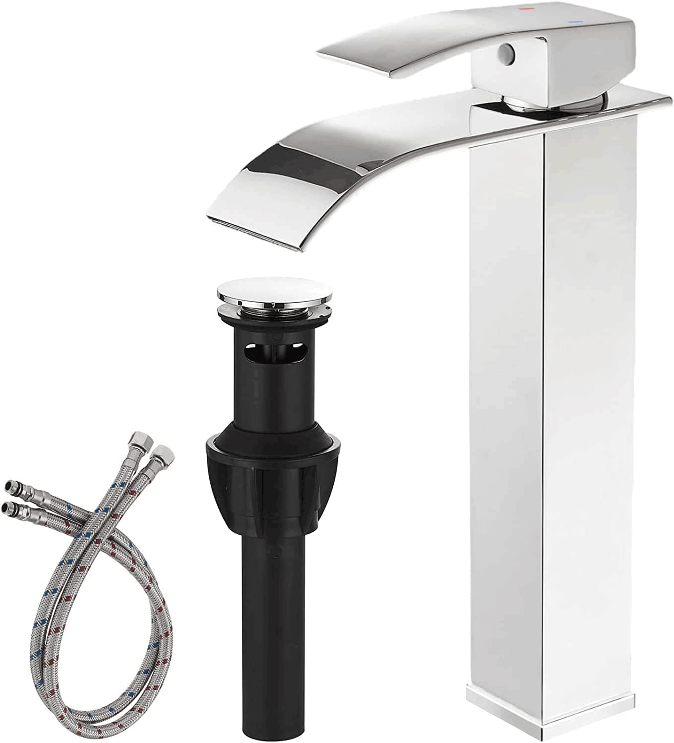 Homevacious Grifo de baño cromado, grifo de lavabo de cascada, grifo de fregadero de una sola manija, grifo moderno de un solo orificio para lavabo