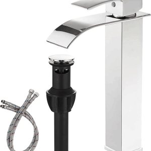 Homevacious Grifo de baño cromado, grifo de lavabo de cascada, grifo de fregadero de una sola manija, grifo moderno de un solo orificio para lavabo Homevacious Grifo de baño cromado, grifo de lavabo de cascada, grifo de fregadero de una sola manija, grifo moderno de un solo orificio para lavabo