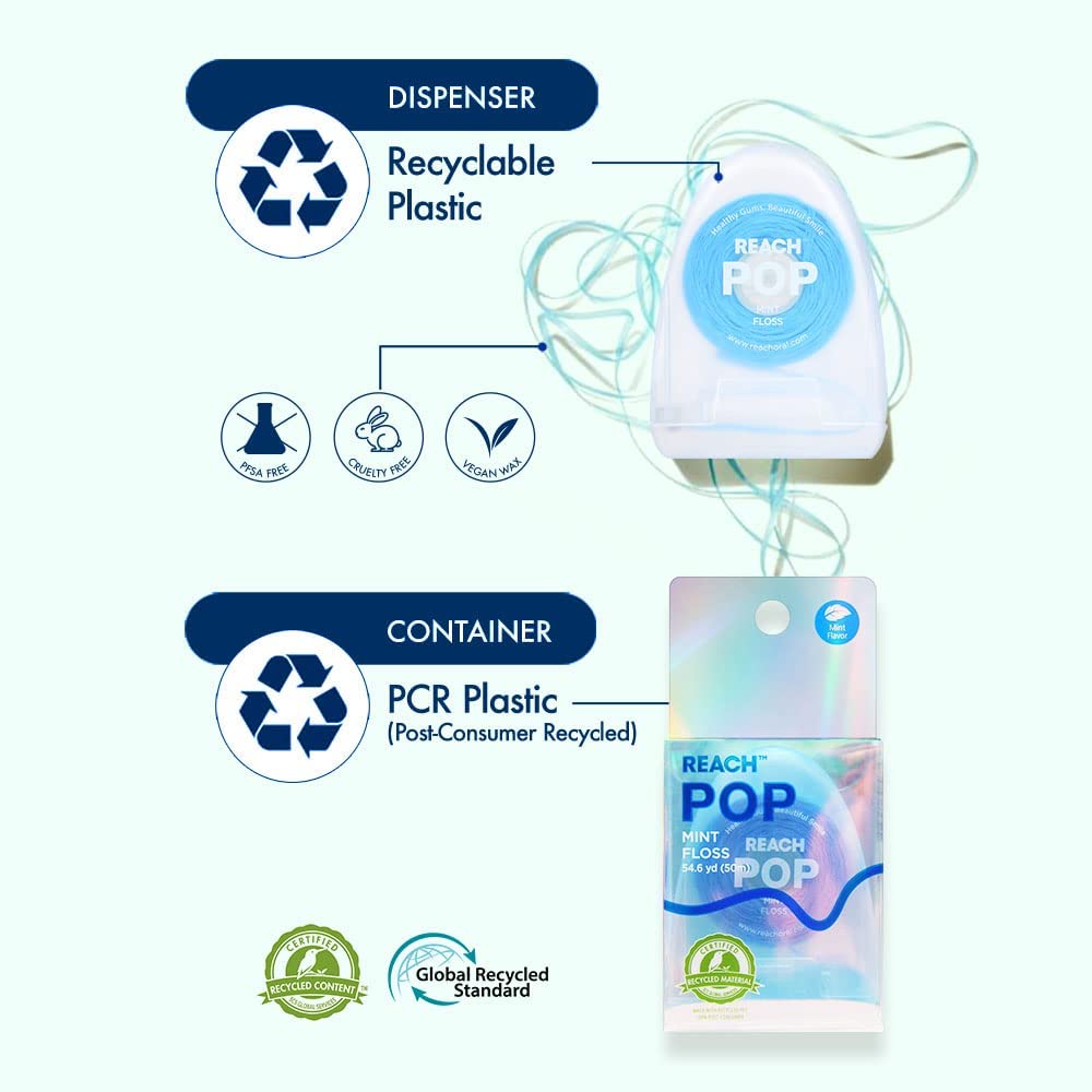 REACH Hilo dental POP  Cera vegana y sin PFAS, duradero y resistente a las trituraciones, se desliza suavemente y fácilmente  Eliminación efectiva