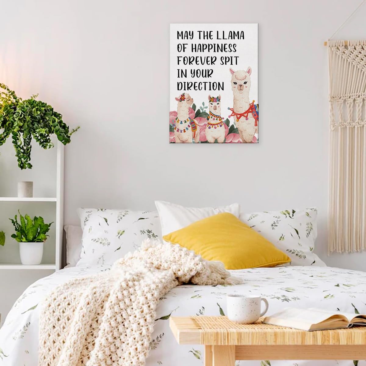 Arte inspirador motivacional para pared, póster con texto en inglés “May the Llama of Happines”, pintura enmarcada para decoración del hogar, 12 x