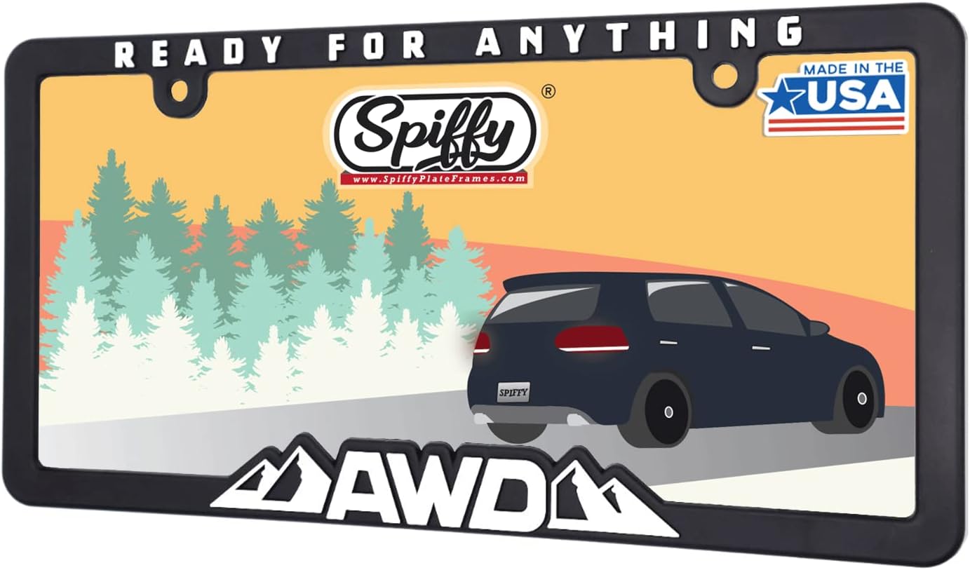 Spiffy AWD – Marco de matrícula con tracción en todas las ruedas, listo para cualquier cosa, fabricado en los Estados Unidos, cubierta de soporte