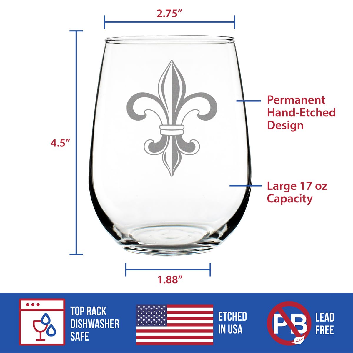 Fleur de Lis Stemless Wine Glass – French Fleur de Lis Decor and Gifts – Large 17 Oz Glasses