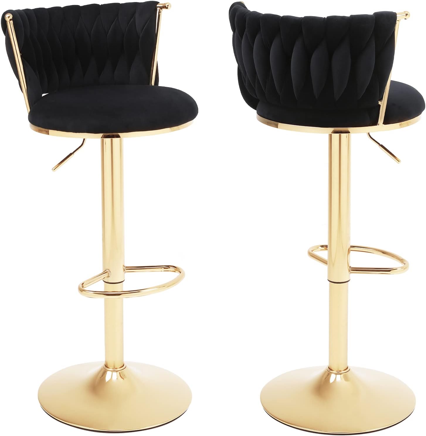 ODUWA Juego de 2 taburetes de bar de terciopelo giratorios de 360 con patas de metal dorado, silla moderna ajustable para comedor con respaldo y