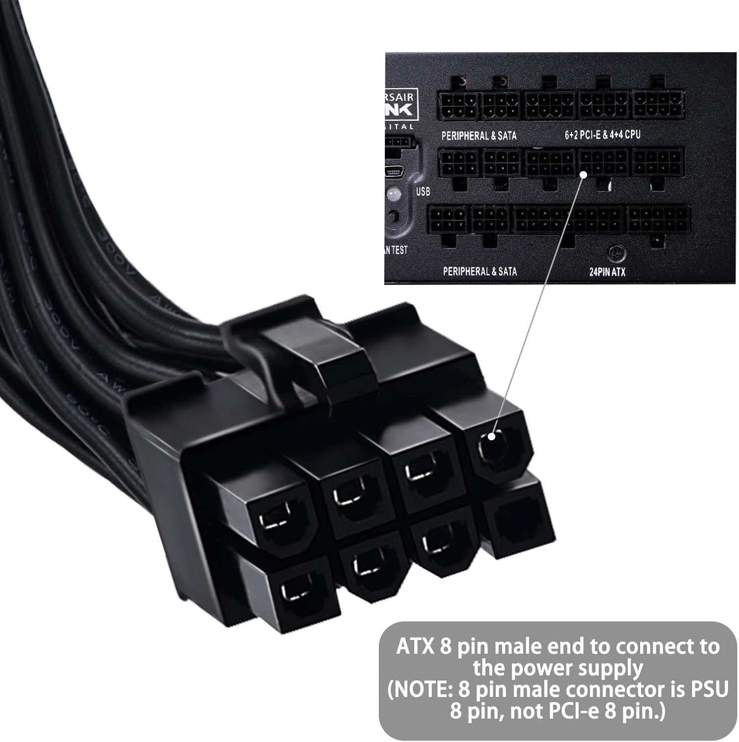 COMeap Cable PCIe para Corsair, ATX CPU 8 pines macho a doble PCIe 8 pines (6+2) macho cable de alimentación para Corsair Thermaltake ARESGAME