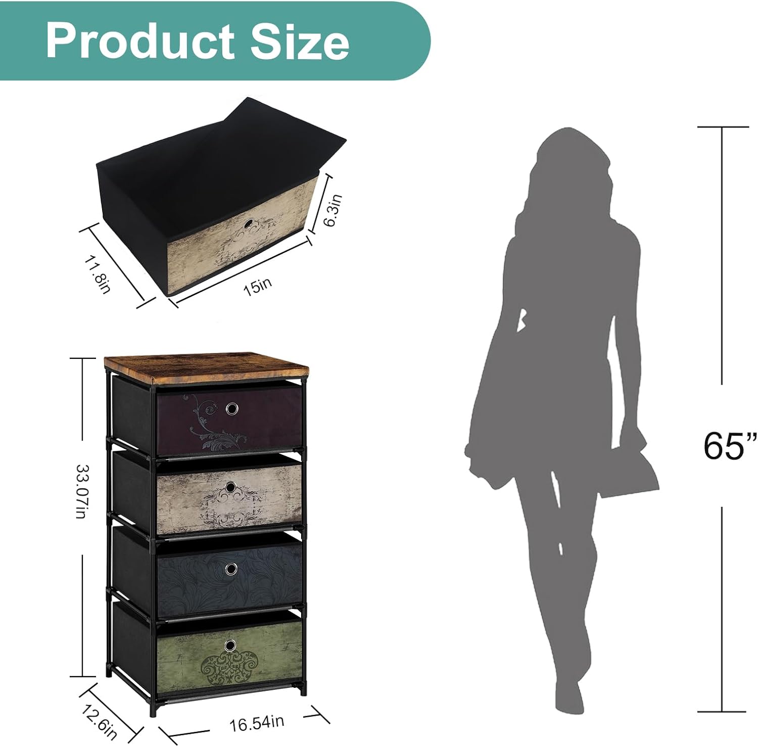 VASICAR Mesita de noche con 4 cajones, organizador de almacenamiento de ropa, pequeña cómoda de tela para dormitorio, armario, entrada, pasillo,
