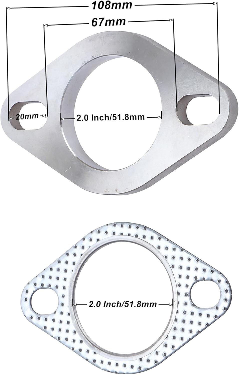 Rwraps Brida y junta de escape de 2 pernos de 2 pulgadas, brida de escape de acero inoxidable con pernos y tuercas de brida