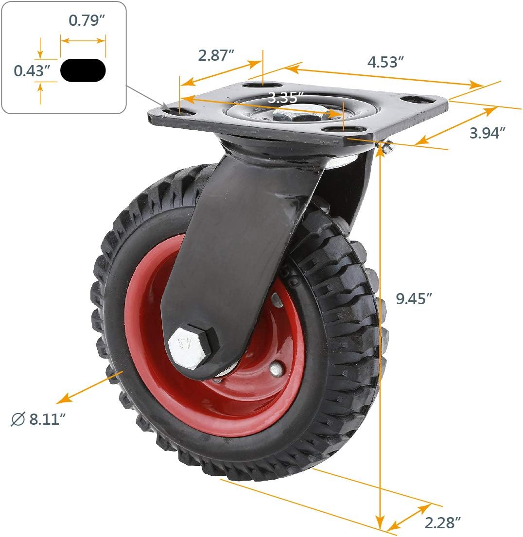 POWERTEC 17053 – Rueda industrial fija de alta resistencia, banda de rodadura de goma de 8 pulgadas, color negro y rueda industrial giratoria de