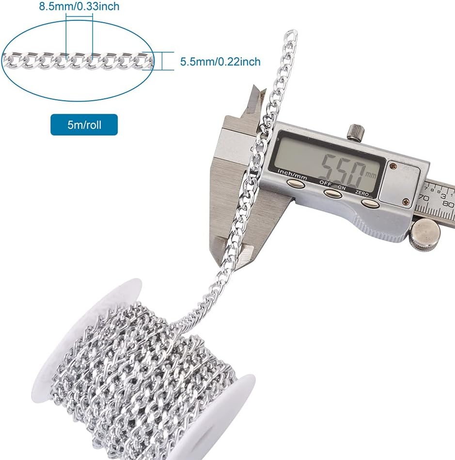 Cadena de eslabones de aluminio de 16.4 pies sin soldar, cadena de eslabones chapada en plata de corte de diamante con carrete de plástico de 0.335