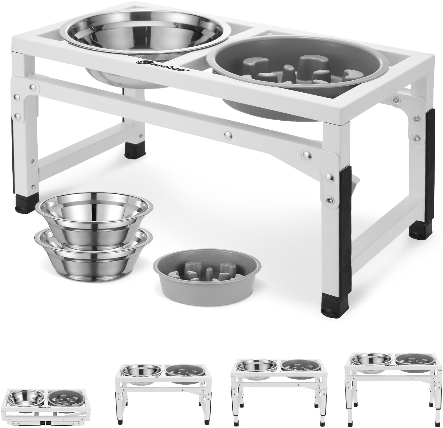 Veehoo Cuencos elevados para perros, soporte elevado de metal para perros con alimentador lento y 2 cuencos de acero inoxidable para alimentos y