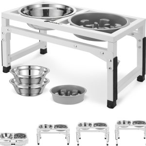 Veehoo Cuencos elevados para perros, soporte elevado de metal para perros con alimentador lento y 2 cuencos de acero inoxidable para alimentos y Veehoo Cuencos elevados para perros, soporte elevado de metal para perros con alimentador lento y 2 cuencos de acero inoxidable para alimentos y