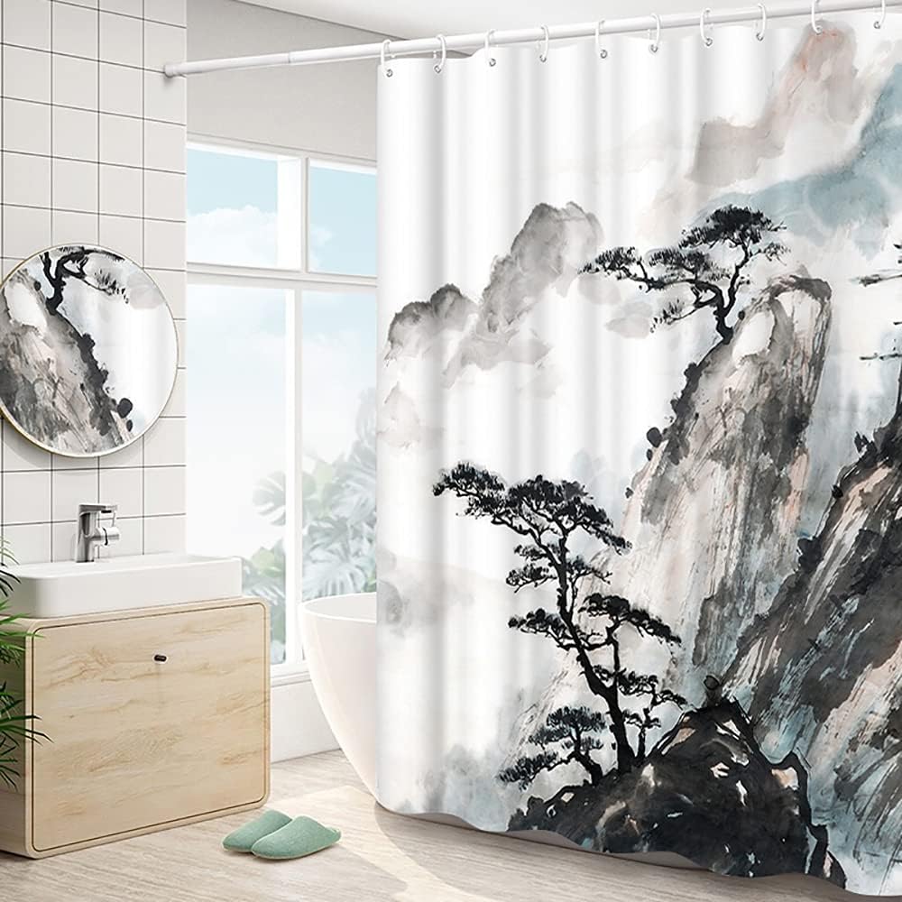 Wallall Cortina de baño con pico de montaña y pino, cortina de baño de paisaje natural, cortina de baño china tradicional con acuarela, juego de