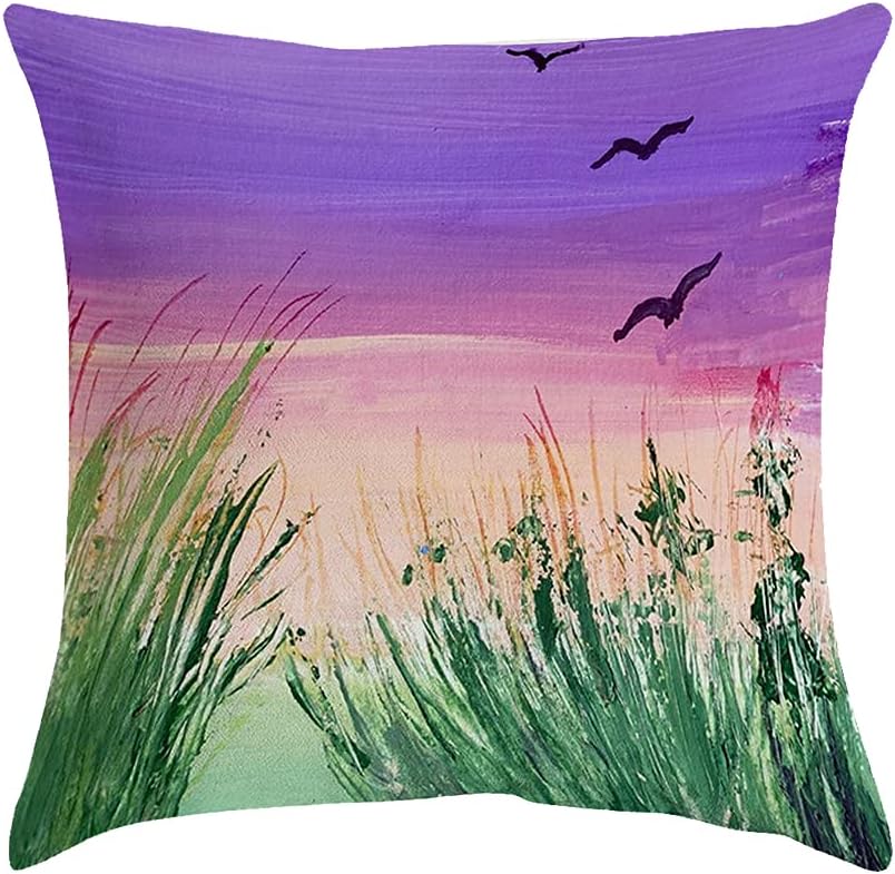 Decorative Throw Pillow Covers Square Cushion Case Drawing Green Grass Pink Sky Concept Spring Purple Banner Textures Textile Contains Nature Birds