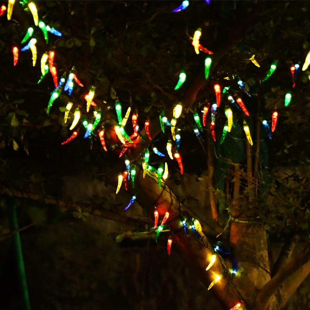 Guirnalda de luces solares de Navidad para exteriores, 50 luces LED multicolor con luces de árbol de Navidad, luces solares de jardín para cocina,
