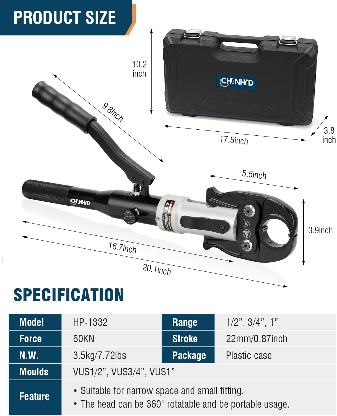 Accesorios de tubo de cobre hidráulico 12, 34, 1 “Kit de herramientas de prensado de prensado de pipa Pex, alicates de prensado de alicates de