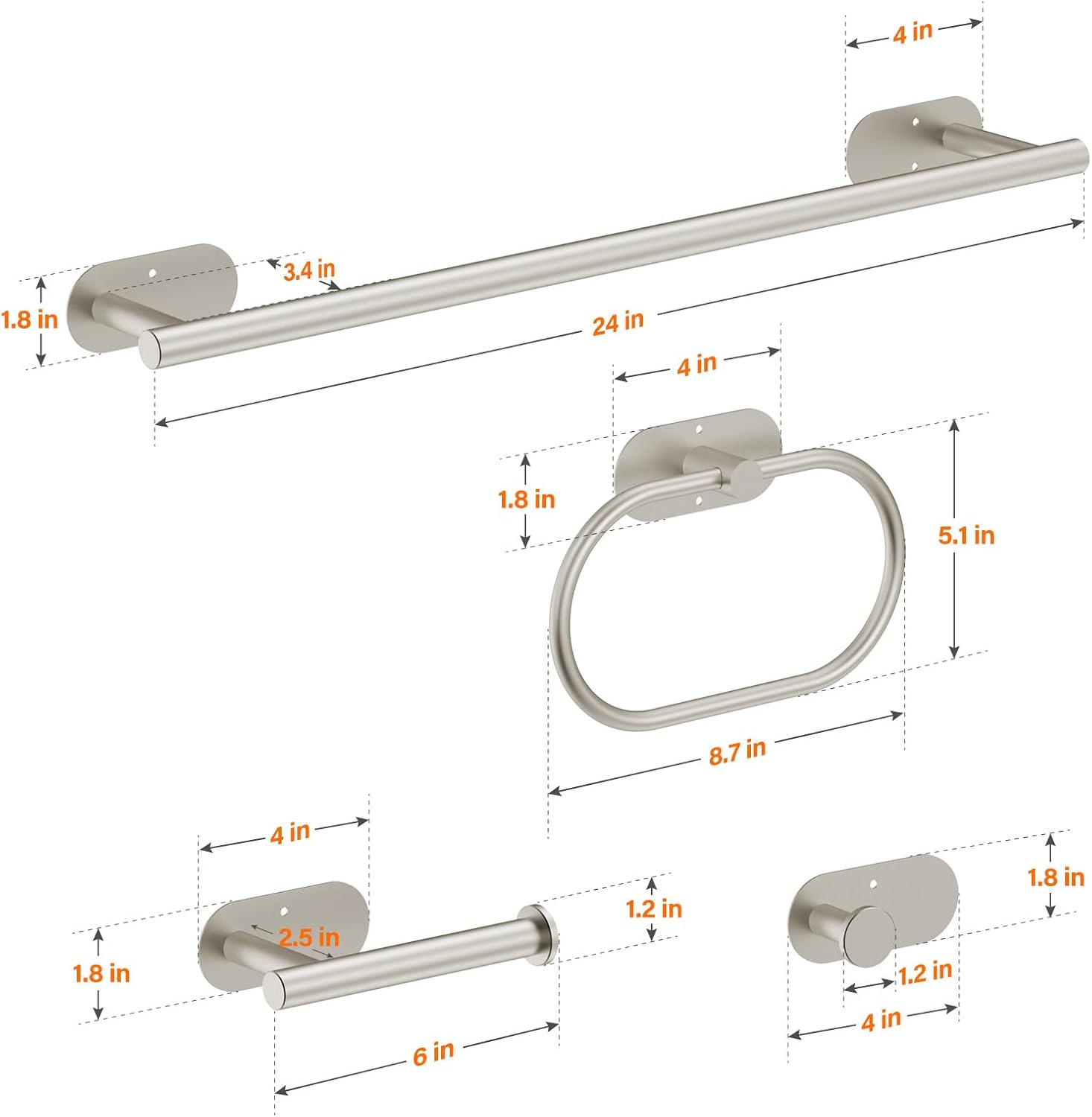 Juego de 4 piezas de accesorios de baño, juego de accesorios de níquel cepillado, juego de toallas de mano de 24 pulgadas, acero inoxidable 304,