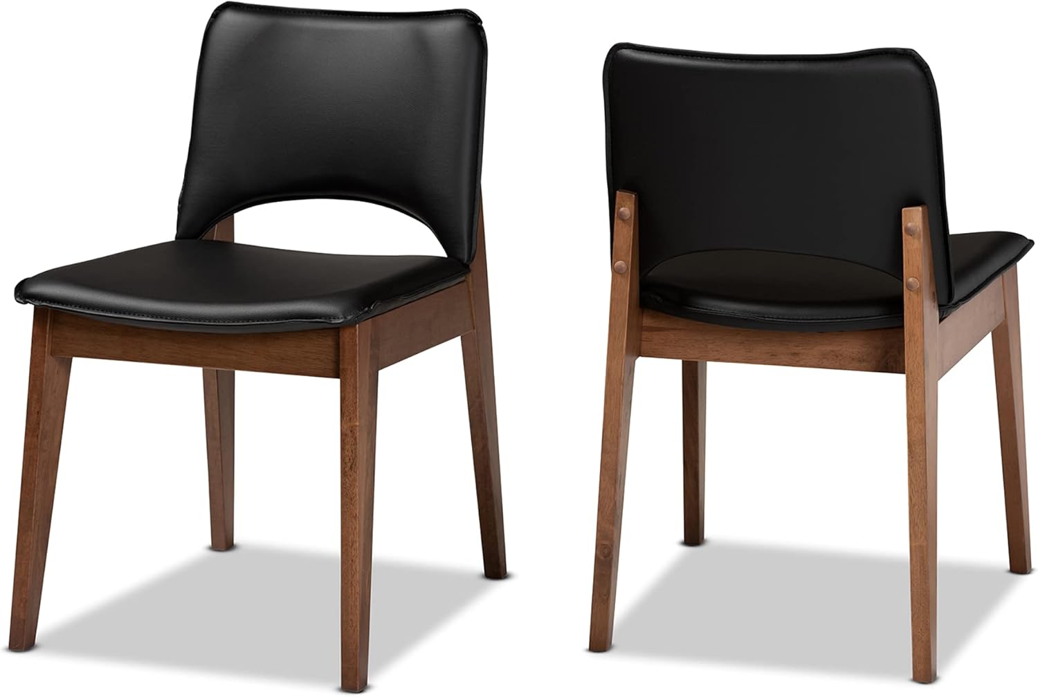 Baxton Studio Afton – Juego de sillas de comedor de 2 piezas tapizadas de piel sintética negra y acabado marrón nogal, juego de sillas de comedor