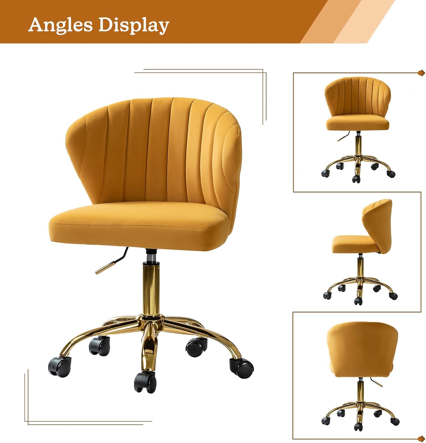TINA’S HOME Sillas de escritorio de oficina con ruedas y base dorada, moderna silla de oficina sin brazos de terciopelo, silla giratoria ajustable