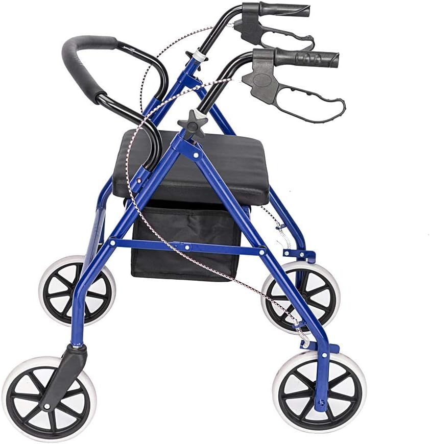 Andador con asiento, andador de acero con ruedas de 8 pulgadas, soporta hasta 286.6 libras, para lesiones, personas mayores y adultos (negro y azul)