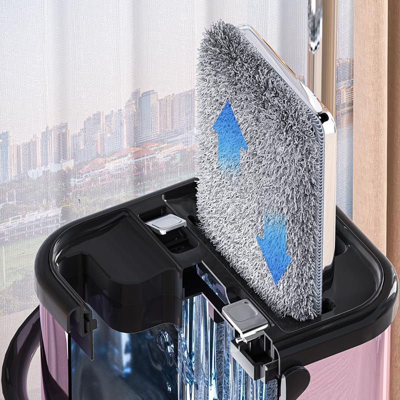 Trapeador y cubo de acero inoxidable con escurridor para el hogar, trapeador plano manos libres con 4 cabezales de mopa de microfibra lavables y