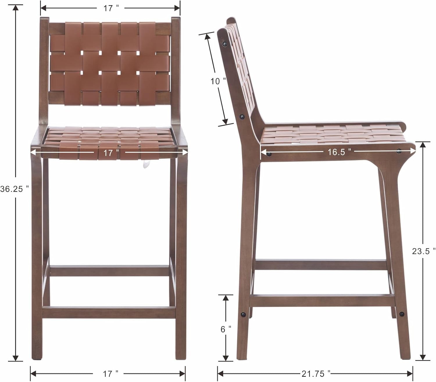 DM Furniture Juego de 2 taburetes de bar de altura de mostrador de 23.5 pulgadas, tiras tejidas de piel sintética, taburetes de bar con correas de