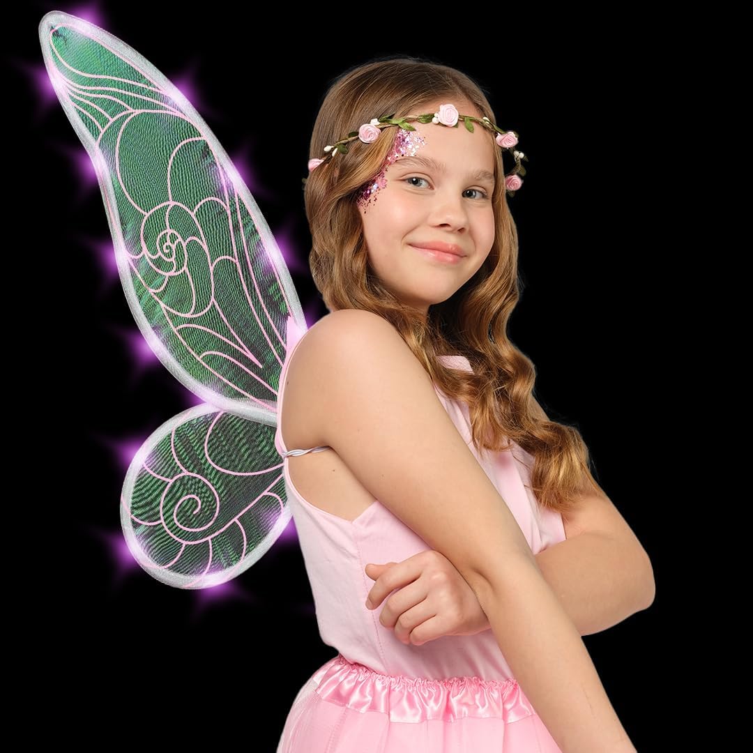 Funcredible Fairy Costume Accessories – Orange Light Up Fairy Wings and Flower Crown, Glitter