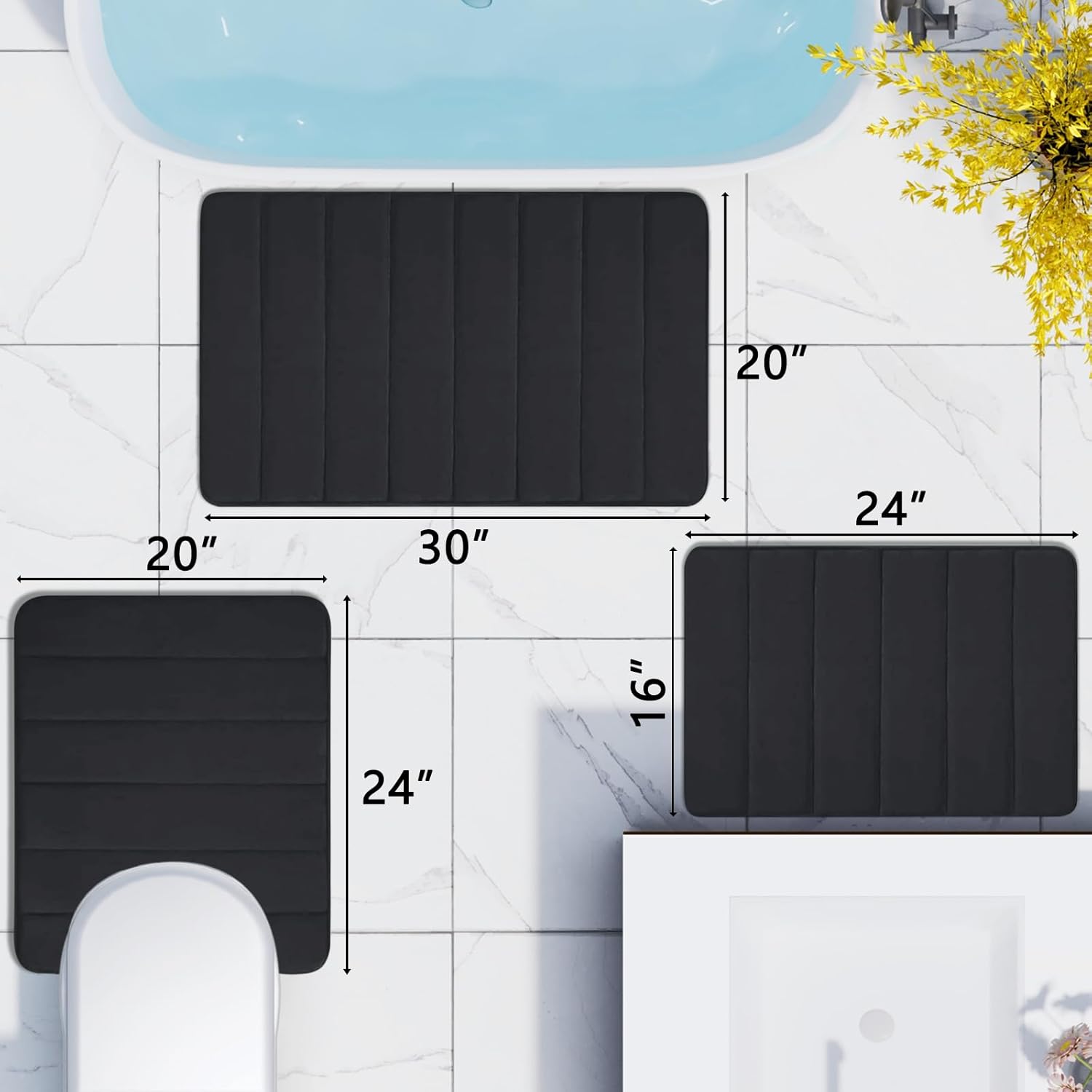 Buganda – Juego de 3 alfombras de baño con espuma viscoelástica gruesa y suave, absorbentes, antideslizantes, lavables, distintos tamaños