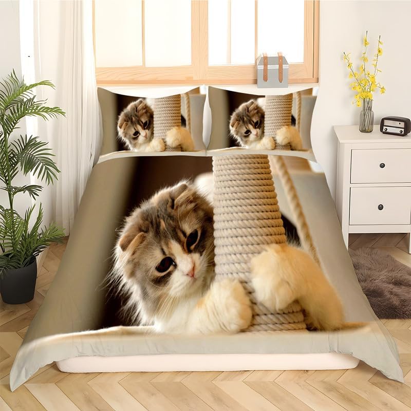 Apricot Kitten Duvet Cover Full Animal Print Bedding Sets Full Soft Microfiber Comforter Cover and 2 Pillow Shams 20″X26″, Bed Set Duvet Covers with