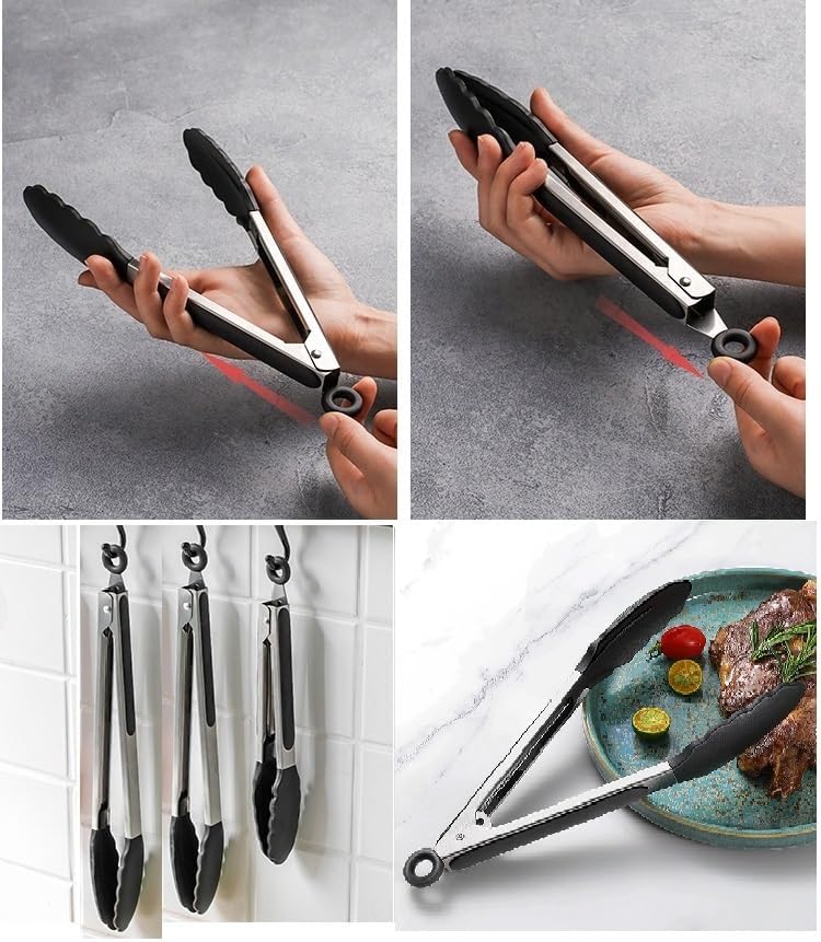 Pinzas de cocina para cocinar, pinzas de silicona con bloqueo, pinzas de buffet, pinzas de acero inoxidable para servir, pinzas de 7, 9 y 12
