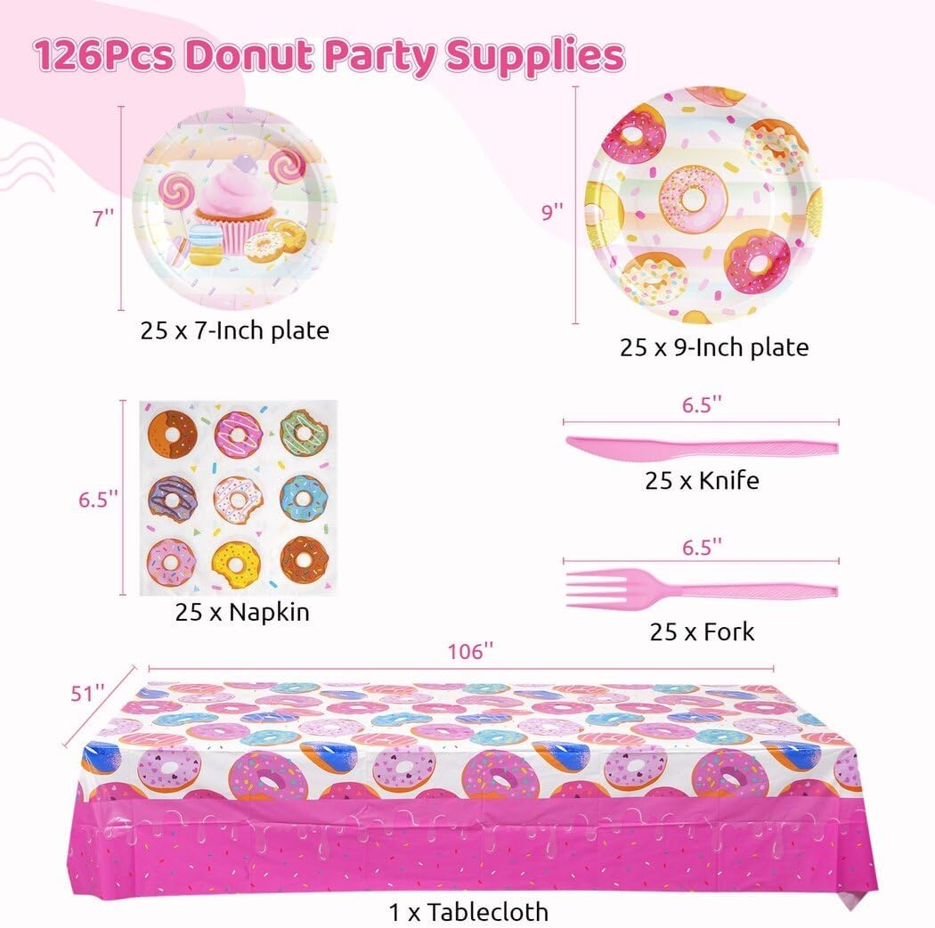 Juego de vajilla de 126 piezas para fiesta de donas, decoración de fiesta de donas, juego de vajilla de papel con platos desechables, servilletas,