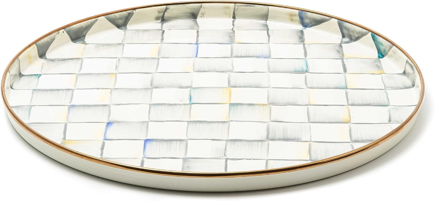 Mackenzie-Childs Bandeja redonda esmaltada, bandeja circular única, bandeja decorativa para alimentos, cuadros de ley
