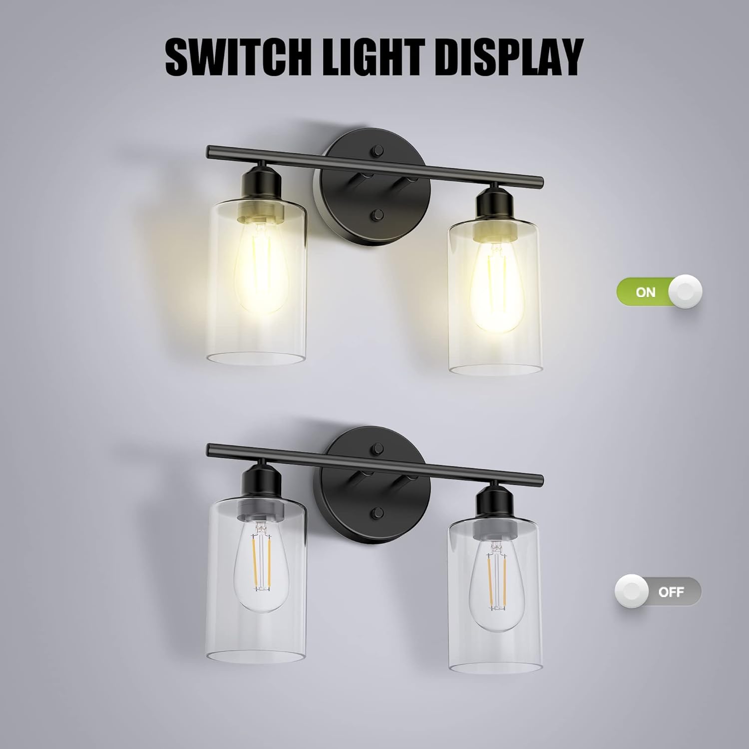 Lámparas de baño, 2 luces de tocador de baño, apliques de pared negros con pantalla de vidrio transparente, luces de pared de baño para espejo,