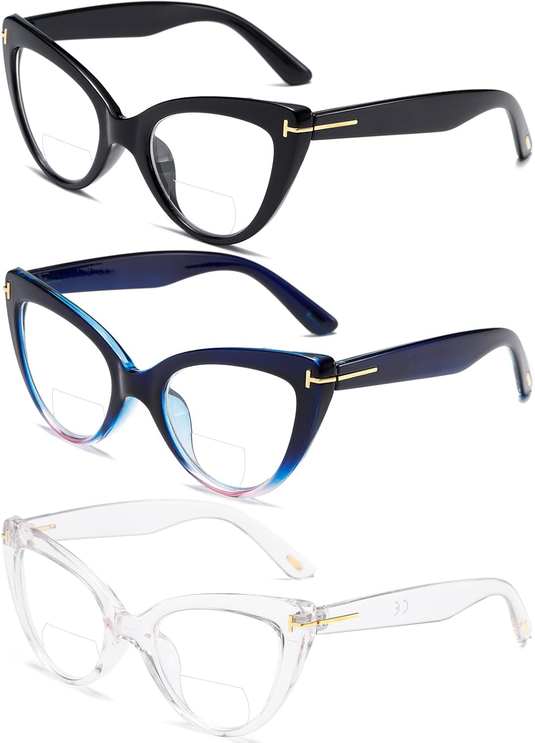 MMOWW Gafas de lectura bifocales de ojo de gato a la moda, lindo lector para mujer, paquete de 3 + 3.5