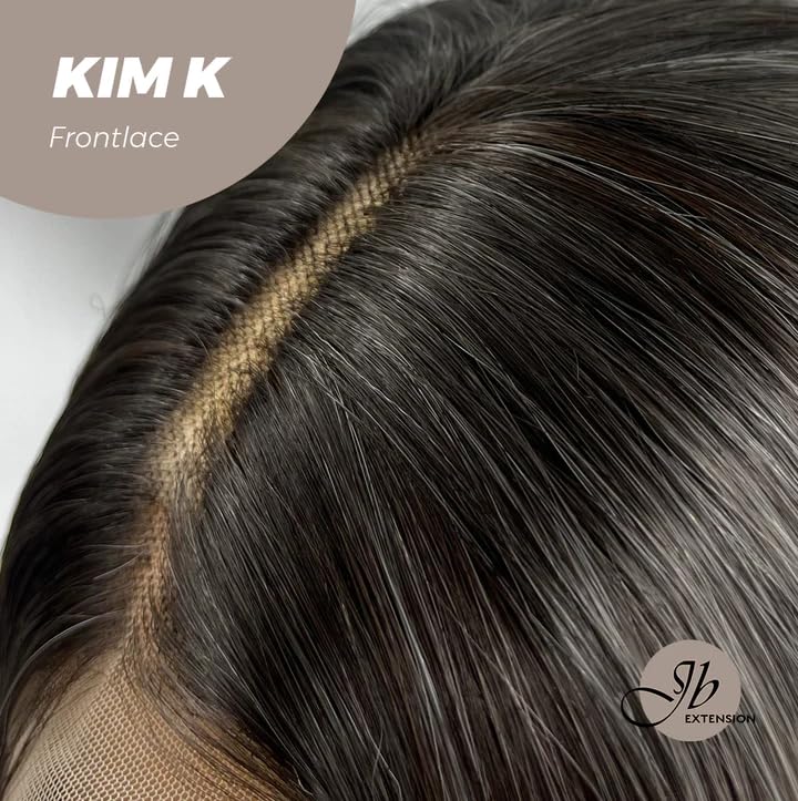 KIM K – Peluca de encaje frontal extra larga, recta, color gris oscuro con reflejos para mujer, pelucas sintéticas naturales para uso diario