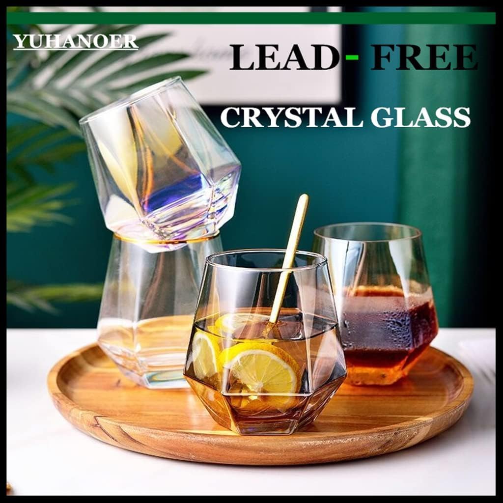Juego de copas de vino de 1 (10 onzas), copas de vino sin tallo de diamante, cristalería iridiscente, vasos de whisky de cristal, perfectos para una